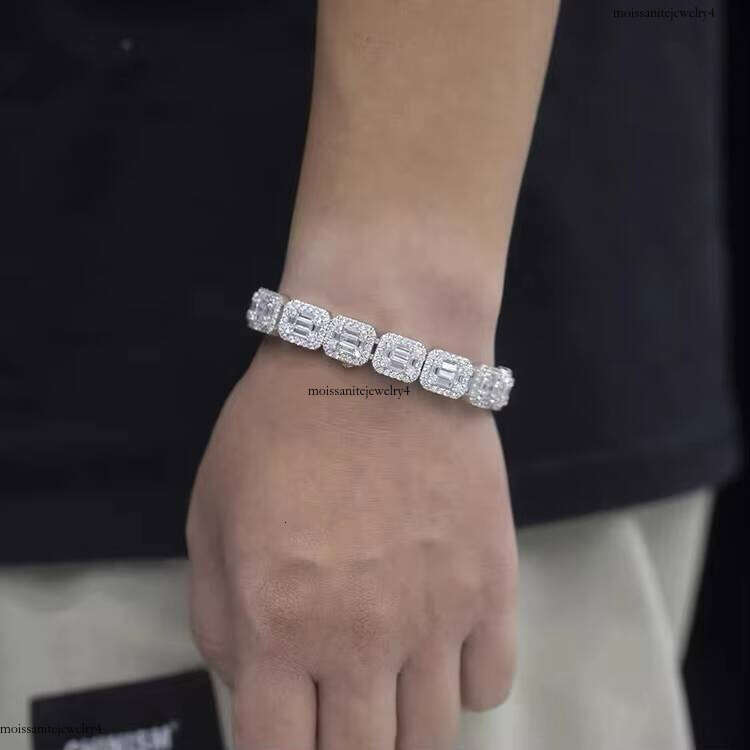 High Quality Hip Hop Jewelry 13mm Baguette VVS Moissanite Dia Sterling Sier Cuban Chain Bracelet