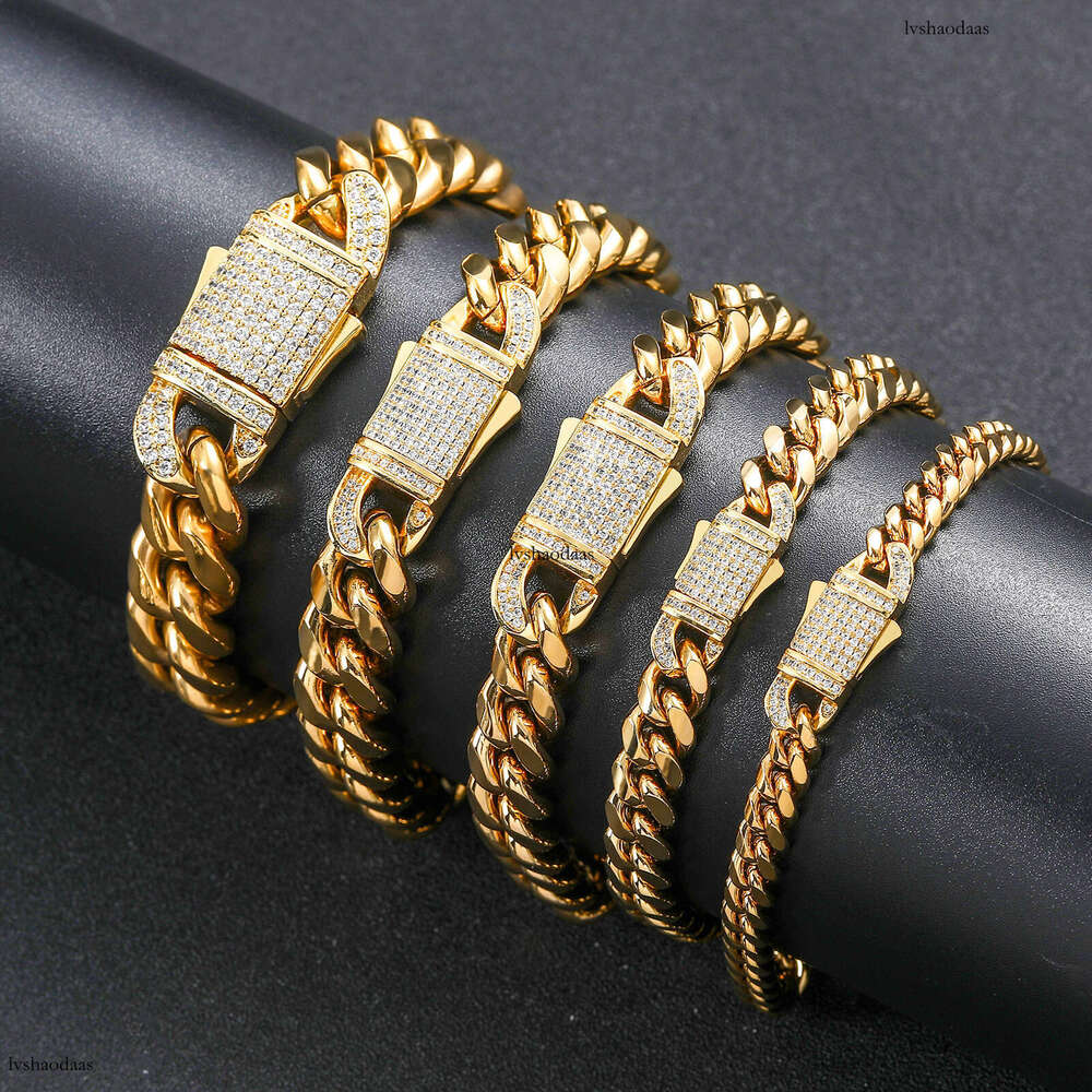 6mm-14mm Stainless Cuban Chain Titanium Steel Micro Paved Moissanite chain Spring Clasp Trendy Hip Hop Necklace