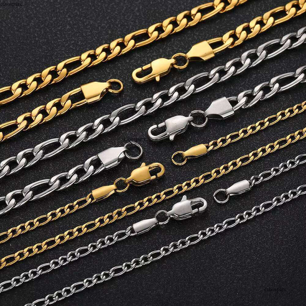 Nuoya Unisex Gold Plated Cuban Link Necklace 3/4/5/6mm Stainless Steel Hip Hop Jewelry 3-to-1 Figaro Chain for Parties