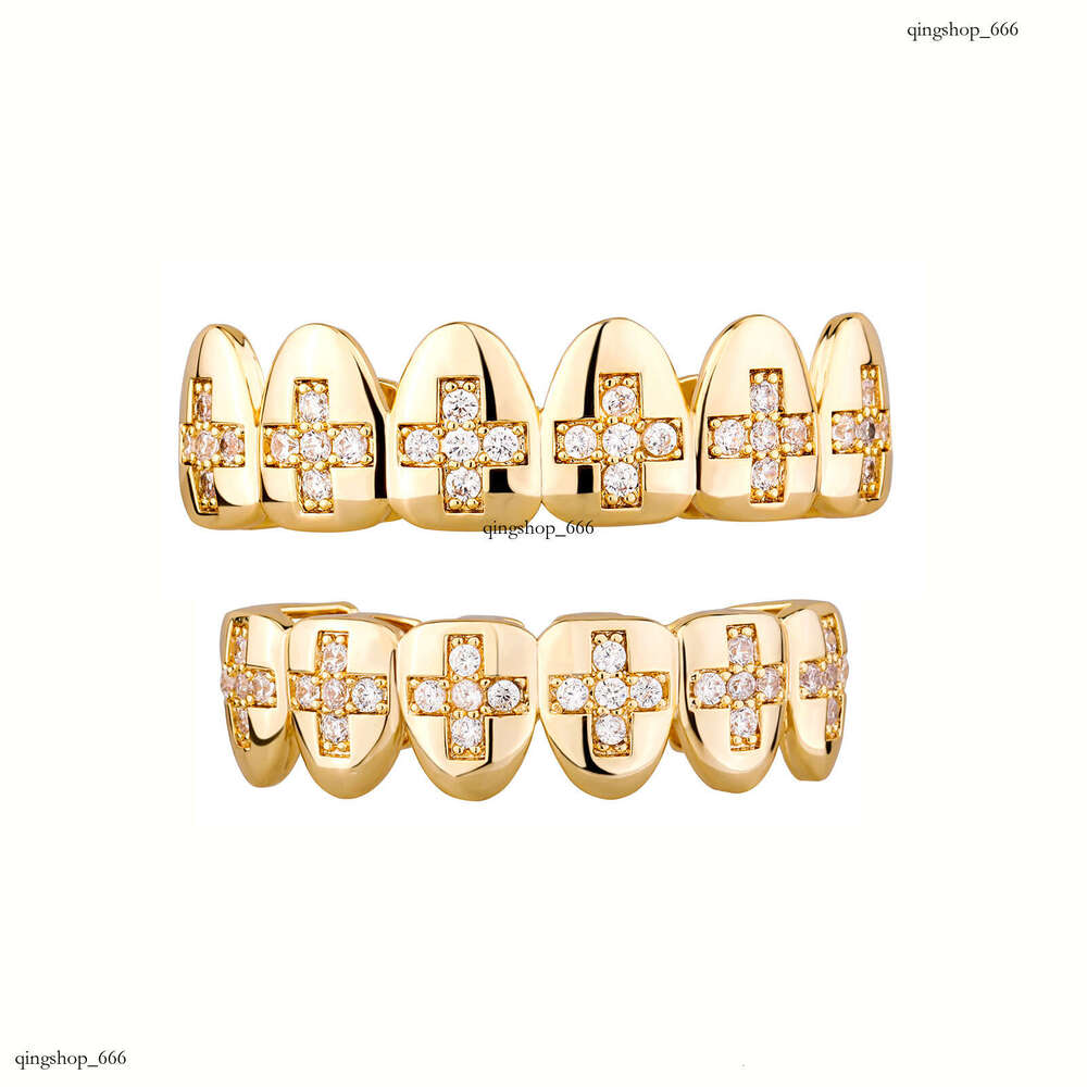 Micro Inlaid Round Zircon Cross Braces Halloween Funny Men's Personality Big Gold Teeth Grills