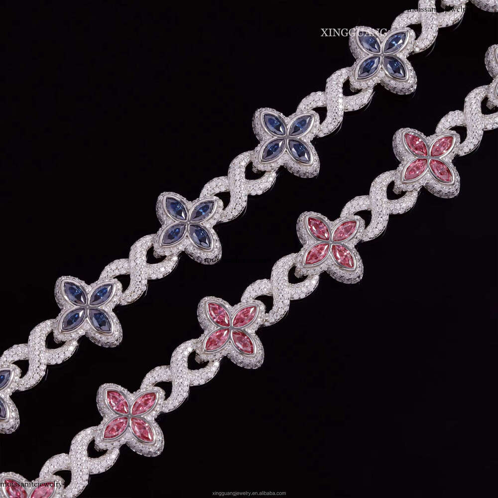 12mm Lucky Clover Gold Plated Sier Hip Hop Iced Out VVS Pink Green Blue Dia Moissanite Bracelet for Gift