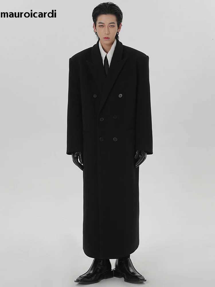 Mauroicardi Autumn Winter Extra Long Black Oversized Warm Wool Blends Coat Men Shoulder Pads Double Breasted Luxury Outerwear XJ250809
