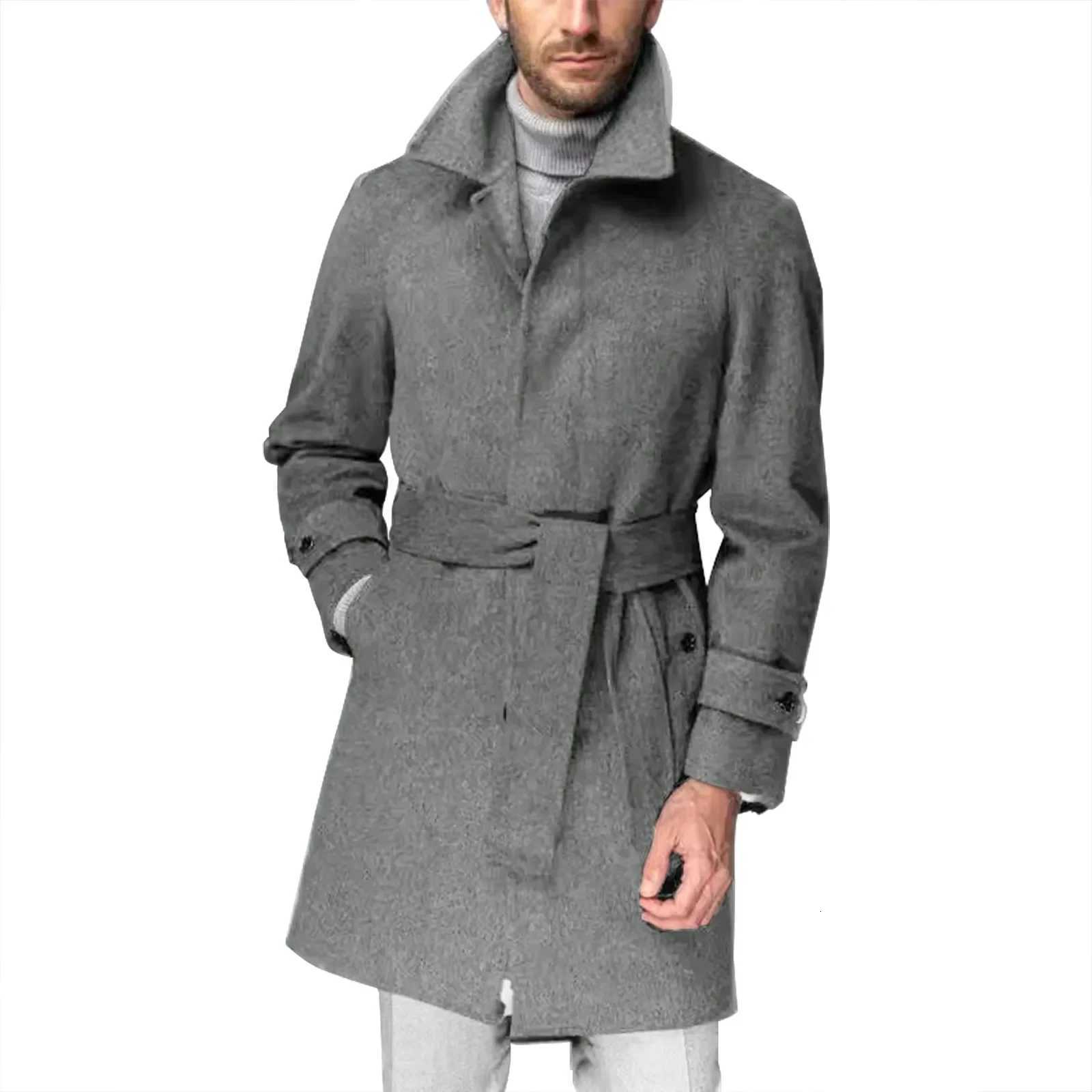 Vintage Woolen Windbreaker Mens Trench Coats Fall Winter Outdoor Fashion Lapel Buttoned Belt Mid Jackets Mens Casual Outerwear XJ250809