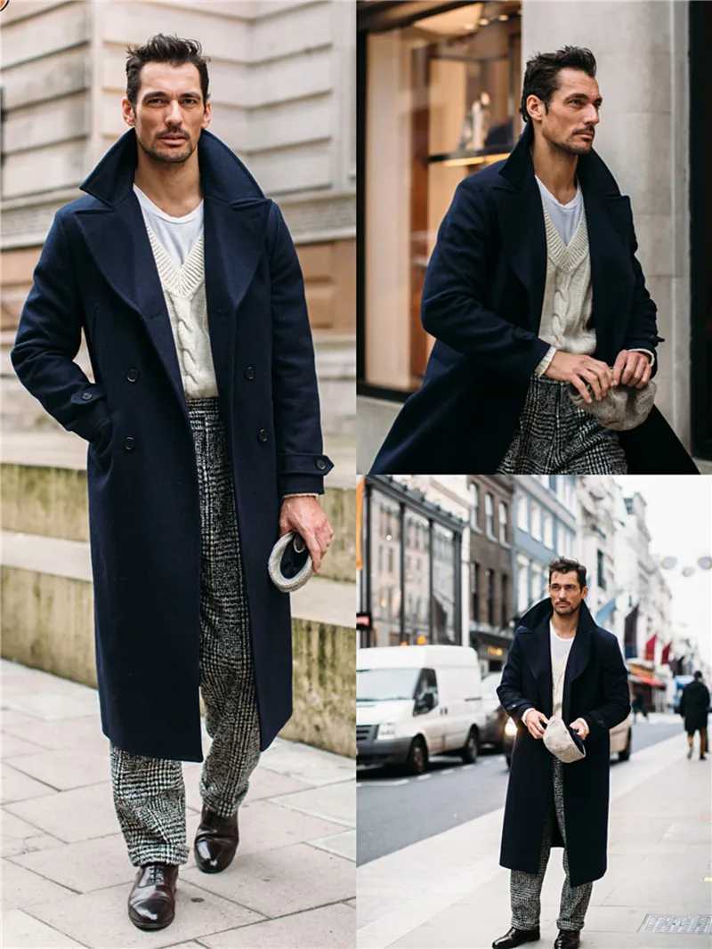 Mens Woolen Good Quality Coat Navy Blue Winter Warm Solid Double-Breasted Thick Plus V-Neck Overcoat Casual Mens Overcoat XJ250809