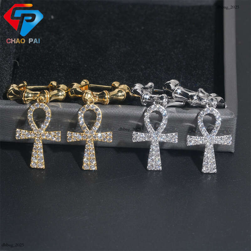 ICED OUT Sier Inlaid Zircon Cross Earrings Personality Studs Hip Hop