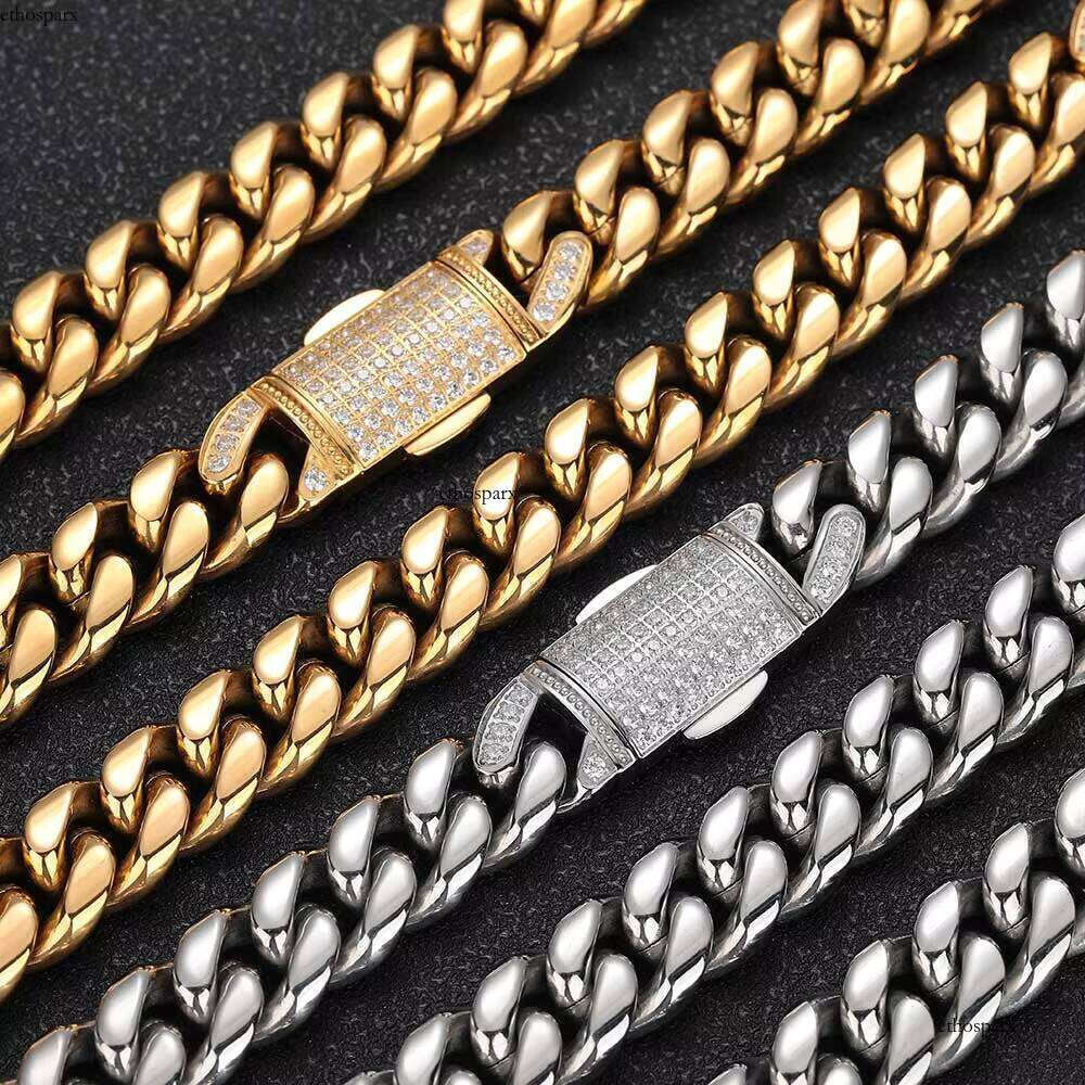 NUOYA 12mm HipHop Full Dia Clasp Link Gold Plated Stainless Steel Miami Cuban Chain Necklace Men