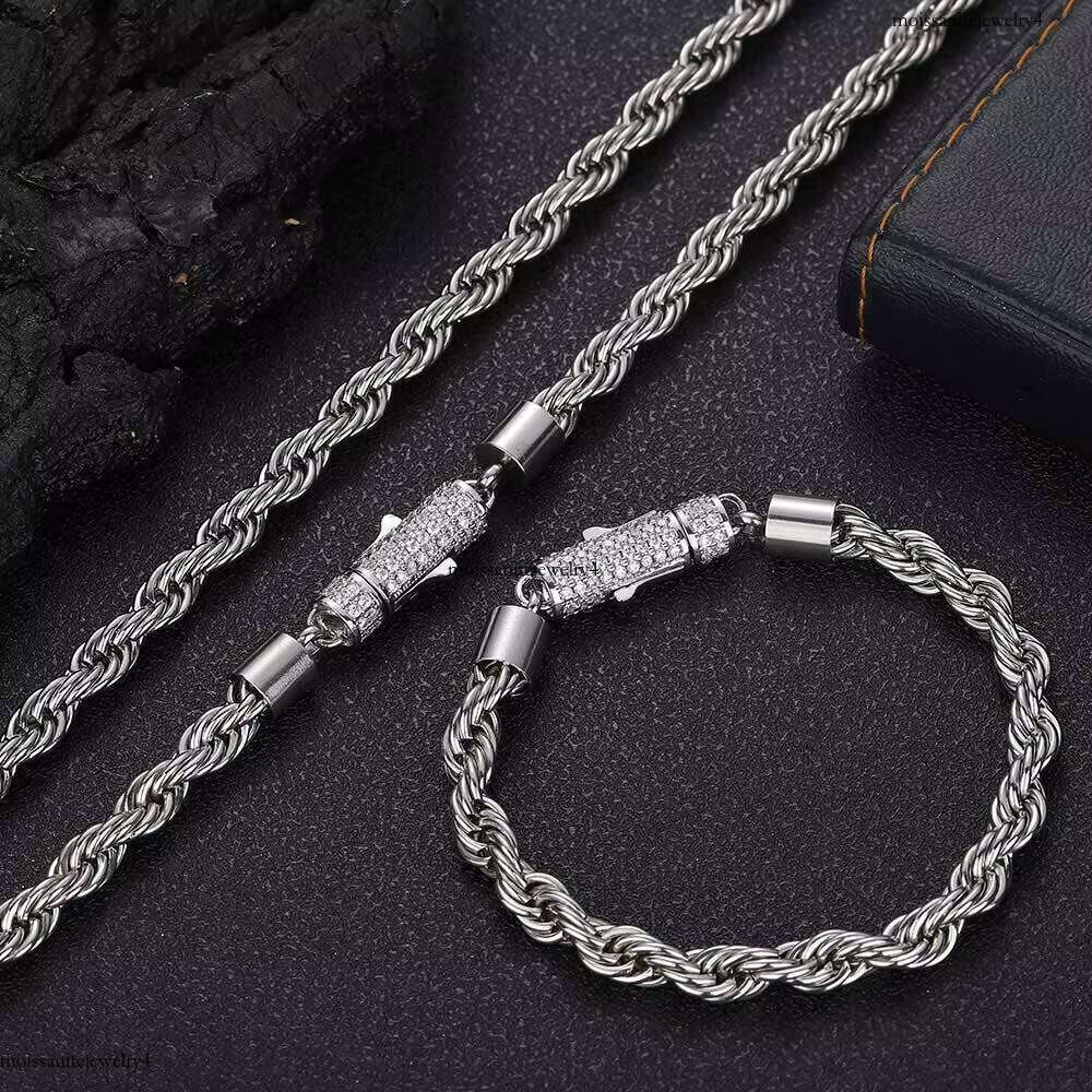 Nuoya New Style 6mm Iced Out Clasp Chain Stainless Steel Gold Plated Twist Rope Chaain Bracelet Jewelry for Women