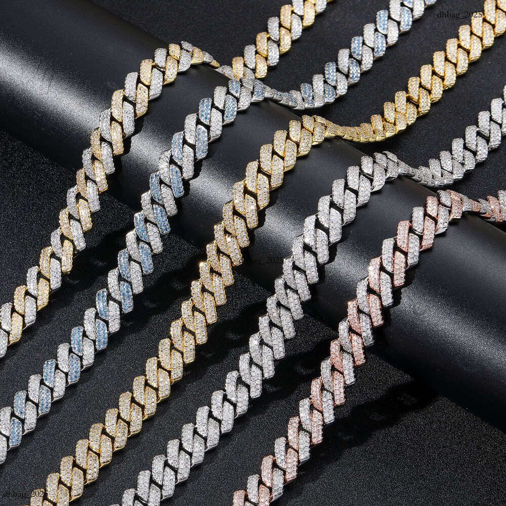 14mm Bar-Shaped Dia Dense with Blue and White Moissanite chain for Men Hip-Hop Cuban Chain Necklace