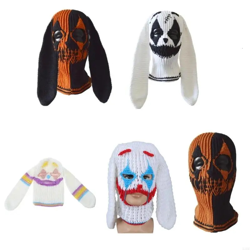 Halloween Balaclava for Women Men Adult Devil Clown Beanie Hat Handmade Face Cover Hat Crochet Hooded Hat for Party E56F 250807