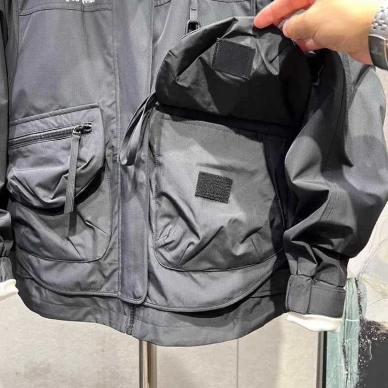 2023 Spring Autumn Cargo Jacket Patchdesign Zipper Hooded Multiple Pockets Coat Mens New Workwear Handsome Loose Outdoor Jacket W250809