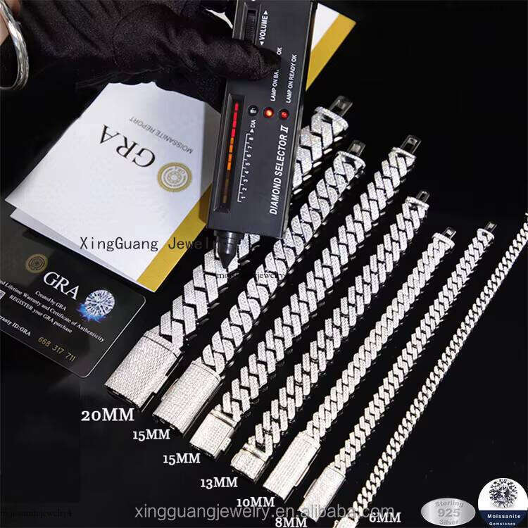 Pass the Tester 6mm~20mm Wide Gold Sterling Sier D Color VVS Moissanite Dia Cuban Link Men Bracelets