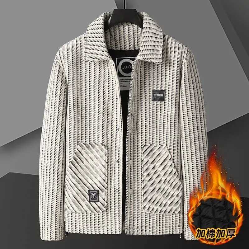 Classic Vertical Stripes Woolen Jacket Mens Winter Straight Casual Business Trench Coat Social Overcoat Streetwear Men ClothingXJ250809