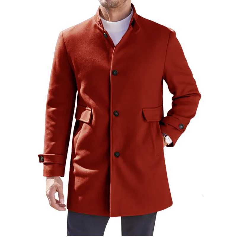 Woolen Coat Mens Autumn Winter Solid Color Single Breasted Pockets Fashion Coats Jacket XJ250809