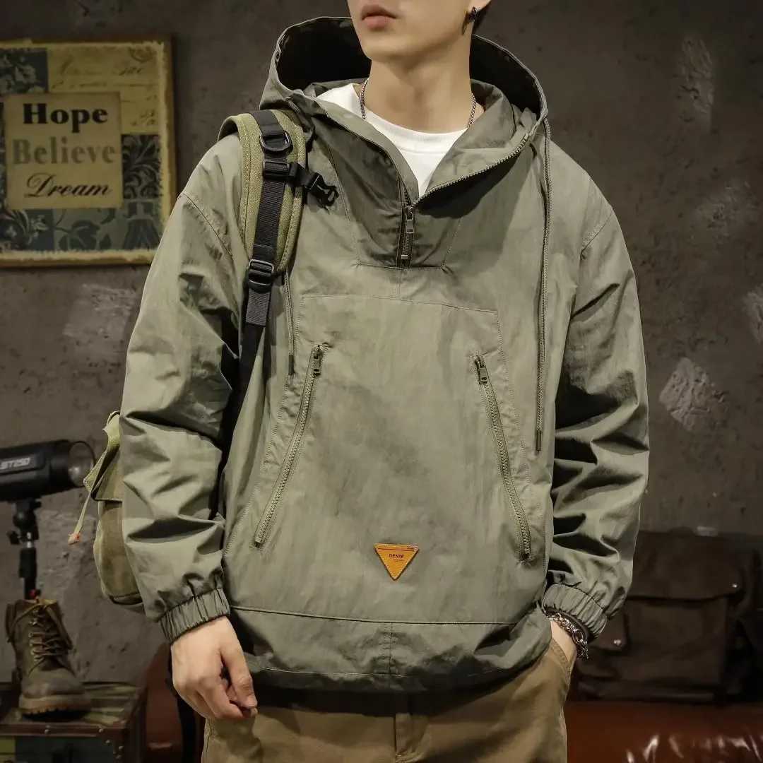 Outdoor Workwear Mens Hooded Punching Clothes Loose Fit Japanese Style Half Zipper Casual Jacket For Spring Autumn W250809