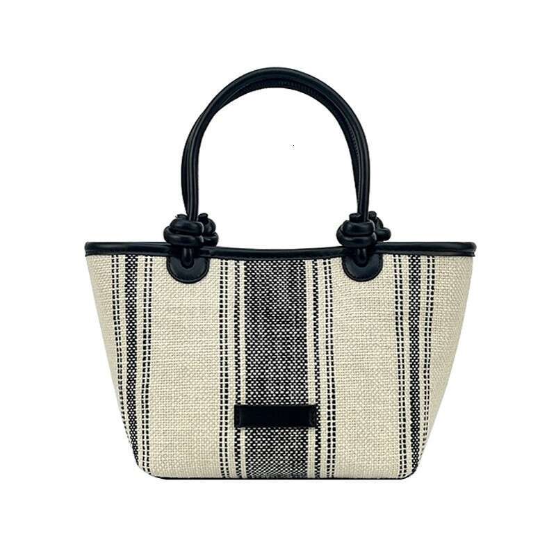 Linen Black and White Striped Handheld Tote for Women 2025 New Korean Style Niche Design Single Shoulder Crossbody Bag