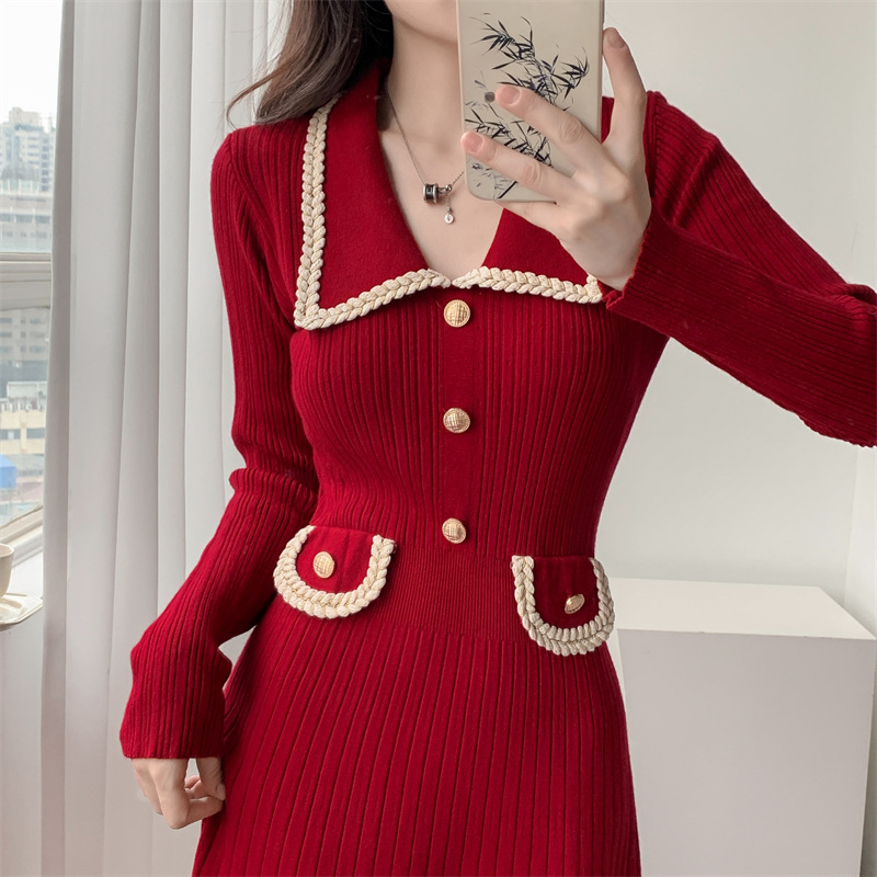 Tweed Style HighWaisted Slimming Knit Dress Womens AutumnWinter New Design Sensibility Base MiddleLength Sweater Dress R250809