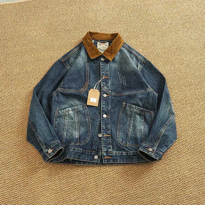 Spring New American Retro Heavyweight Neckline Contrast Color Corduroy Washed Old Cargo Denim Jacket Mens Lapel Casual Coat W250809