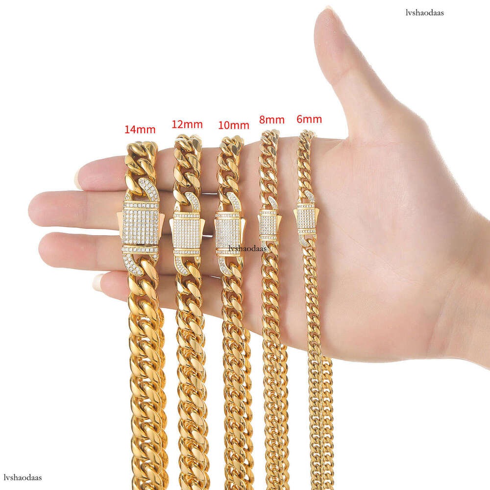 6mm-14mm Stainless Cuban Chain Titanium Steel Micro Paved Moissanite chain Spring Clasp Trendy Hip Hop Necklace