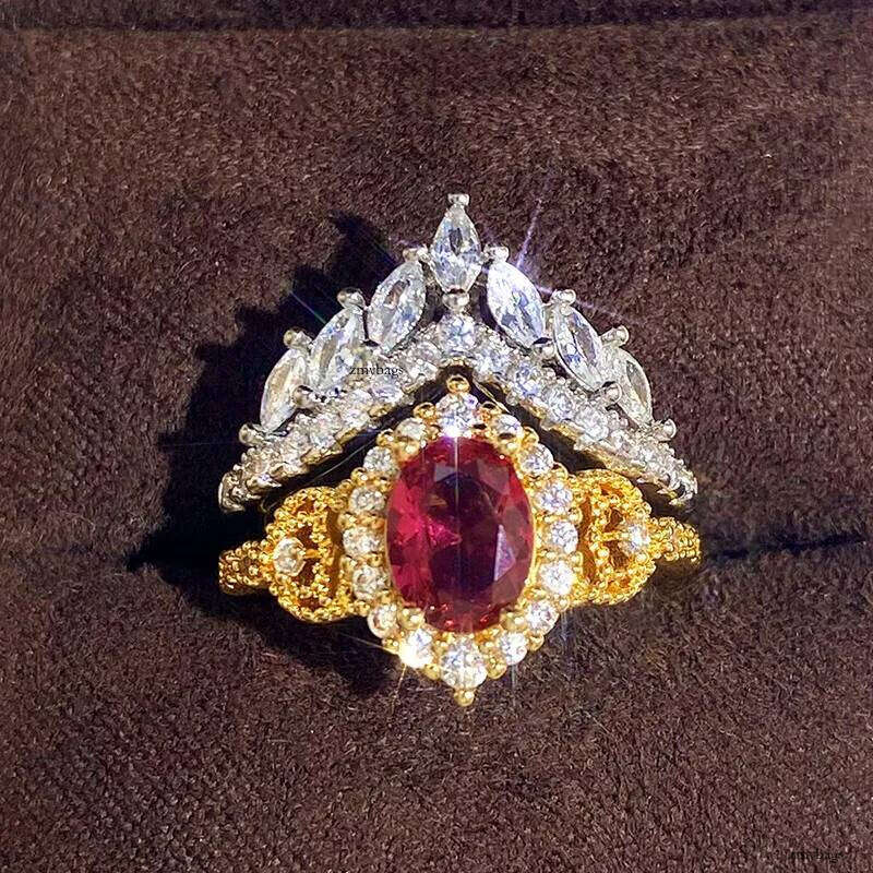 Choucong Brand Wedding Rings Jewelry White Gold Fill Oval Cut Red Garenet Marquise Zircon CZ Dia Court Party Women Couple Crown Ring Set Gift