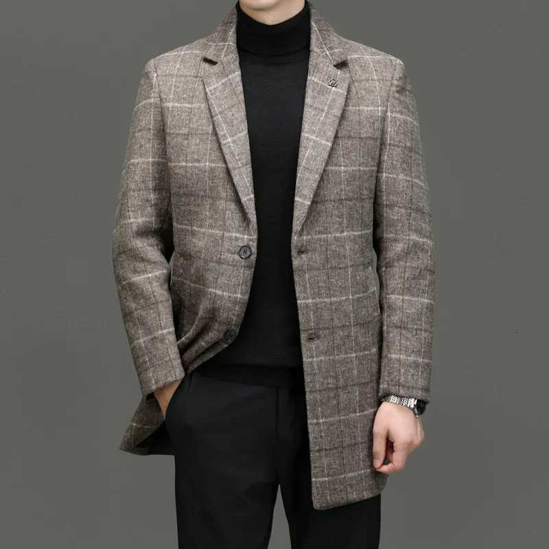 2024 Autumn/Winter New Youth Korean Checkered Medium Length Woolen Windbreaker Mens Coat XJ250809