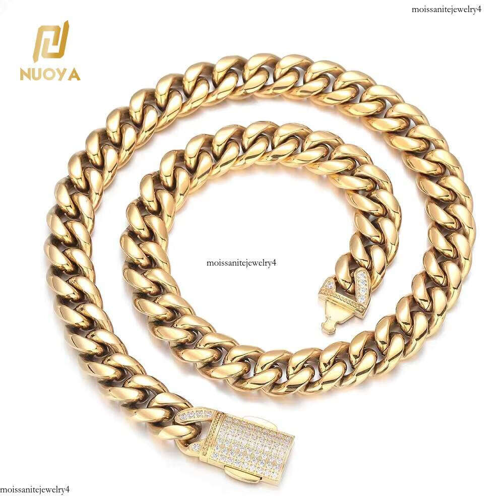 NUOYA 12mm HipHop Full Dia Clasp Link Gold Plated Stainless Steel Miami Cuban Chain Necklace Men