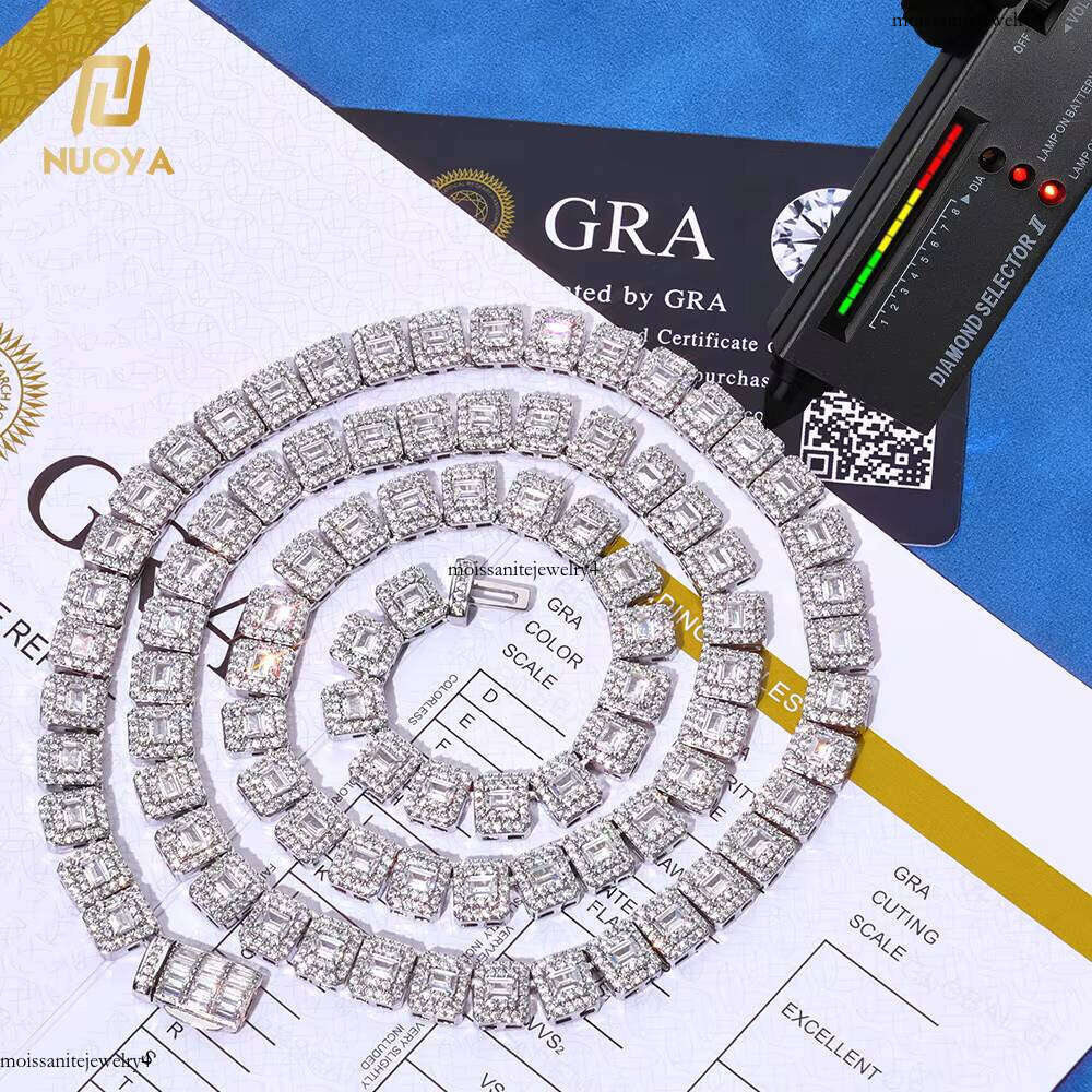 NUOYA Hip Hop Fine Jewelry Tennis Chain Iced Out Mixed Inlay Baguette Cut VVS Moissanite Sier Plated Necklace