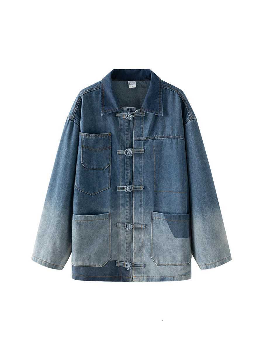 Mens New Chinese Style Gradient Buckle Denim Jacket Trendy Street High-end Handsome Workwear Casual Loose Single-breasted Coats W250809