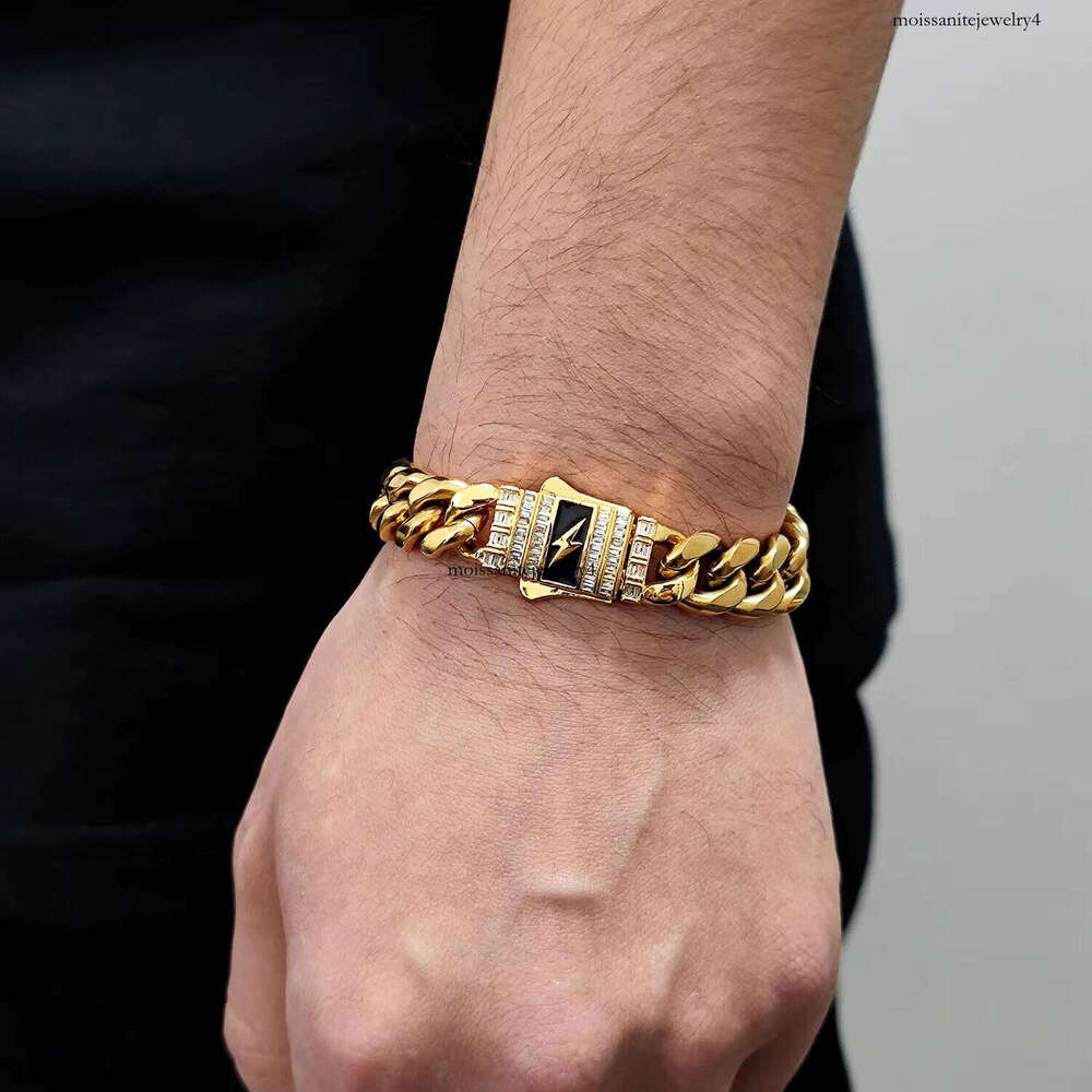 Men's Miami Hip Hop Cuban Bracelet Stainless Steel with Gold Plated Baguette Lighting Clasp Fine Jewelry in Bracelets