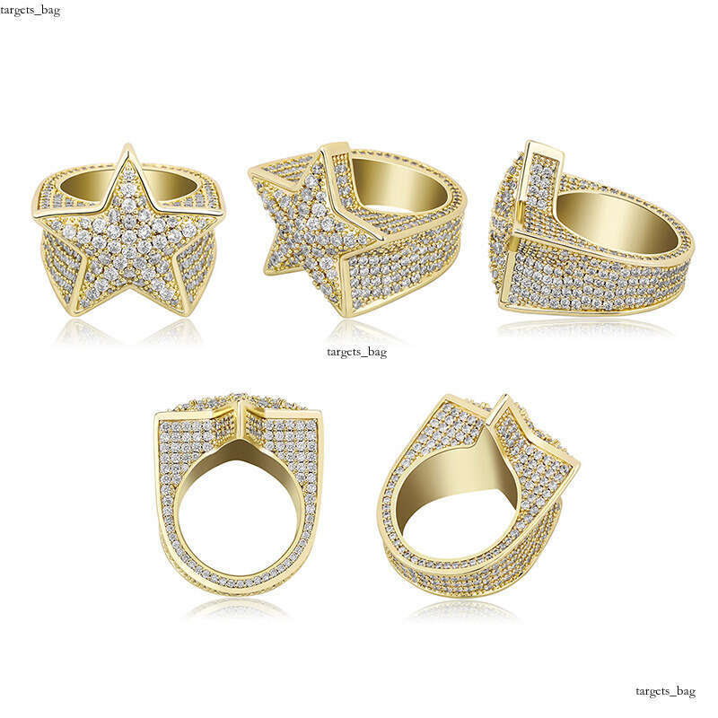 Ins Style Pentagram Full Zircon Hip Hop Men's Trendy Ring Gold Jewelry