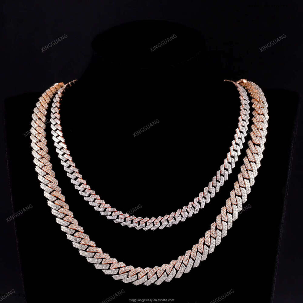 Hot Sale Style 12mm 2Row Solid Sier Iced Out Moissanite Dia Link Hiphop Chain Miami Cuban Chains Necklace