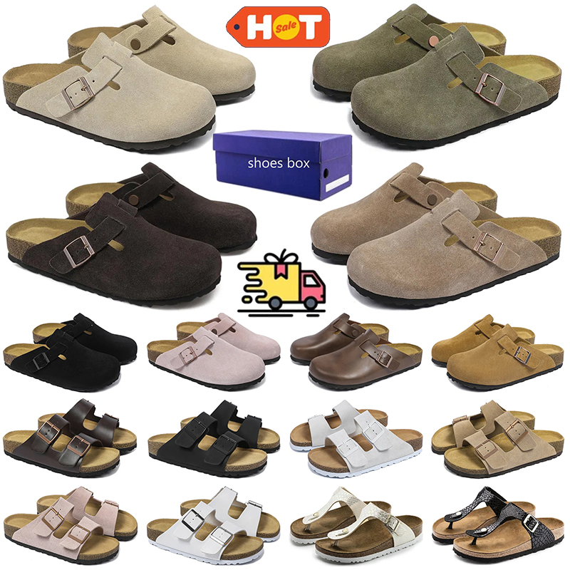 Free shipping Designer Sandals Slides Soft Clogs Boston berkinstocks Suede leather buckle sliders For men women outdoor Flat Sneakers Beige Mud Grey Pink With box