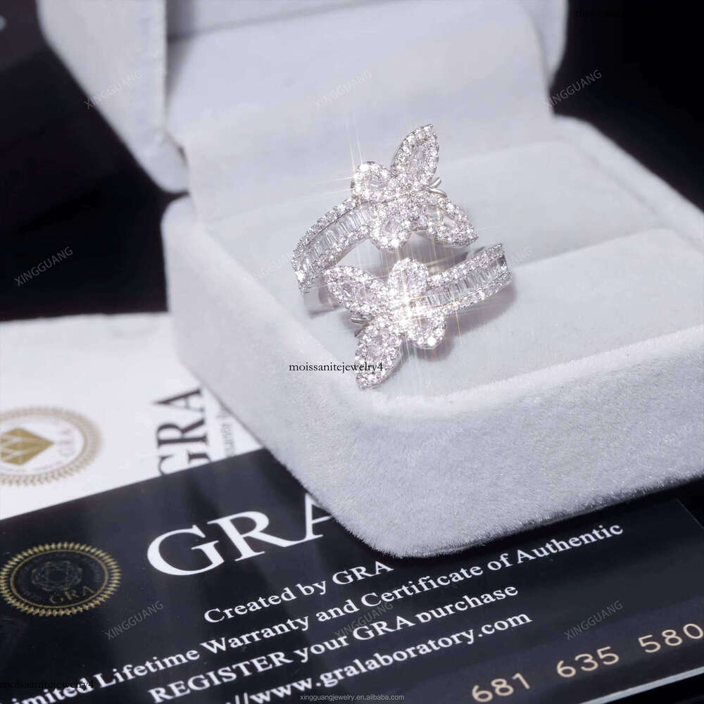 XingGuang Factory Price Sier Butterfly Shape Hip Hop Custom Men Women Iced Out Moissanite Engagement Ring
