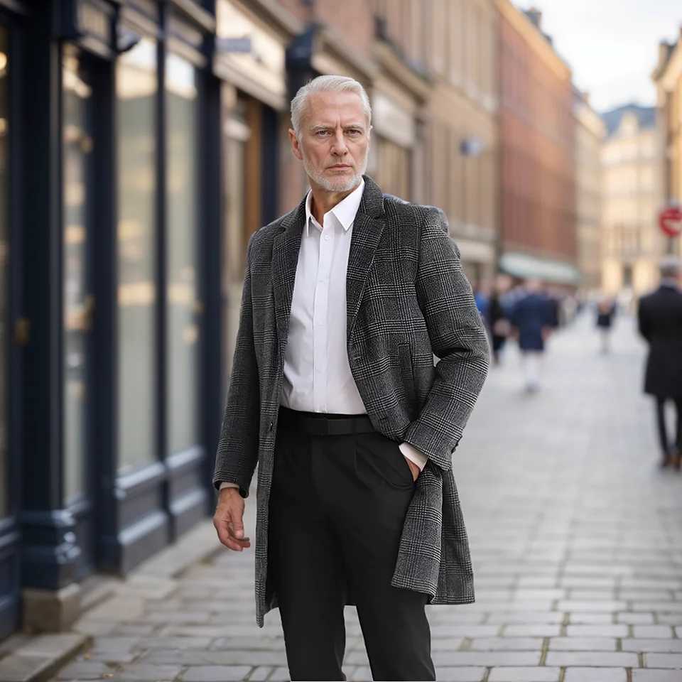 Autumn and Winter Cross-Border Thick Checkered Mens Jacket Medium Long with Cotton Mens Jacket Lapel Mens Coat XJ250809