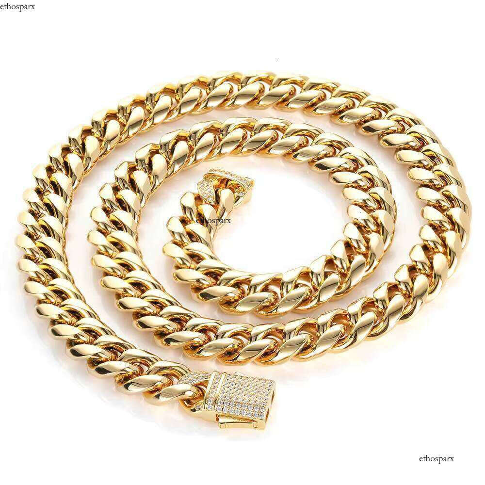 Unisex 10mm Cuban Link Necklace Micro Pave CZ Dia Clasp Stainless Steel Chain Gold Plated Jewelry for Men and Women's Gift