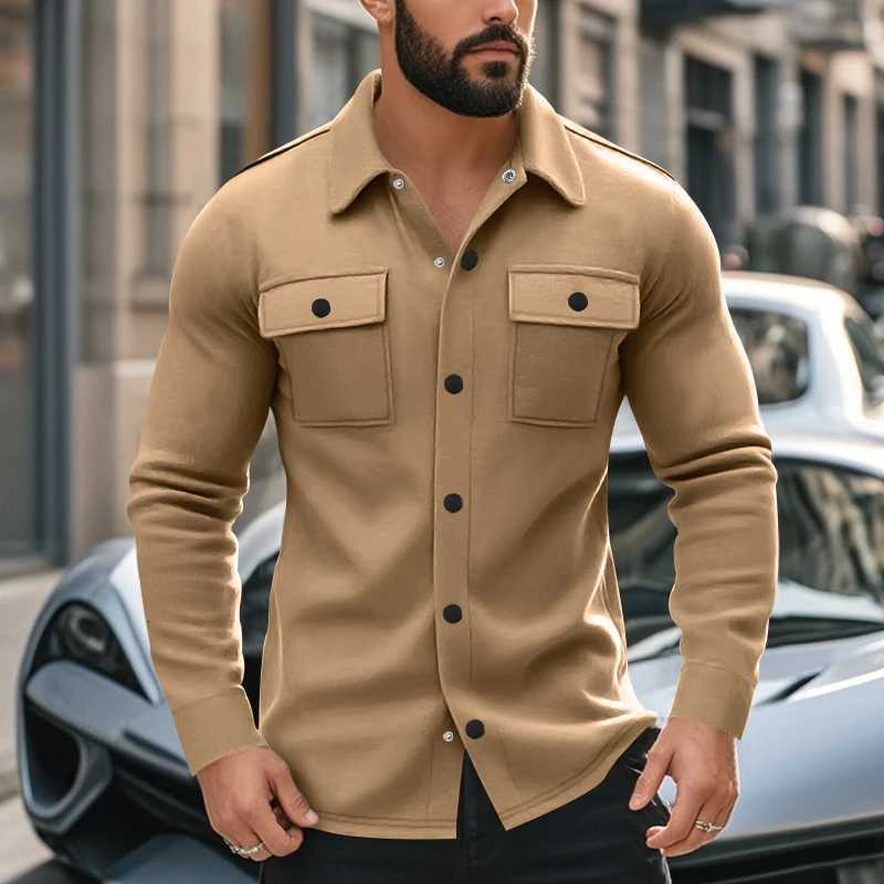 American Heavy Cargo Vintage Commuter Jacket Lapel Long-Sleeved Shirt Mens Multi-Pocket Fleece Coat with Buttons W250809