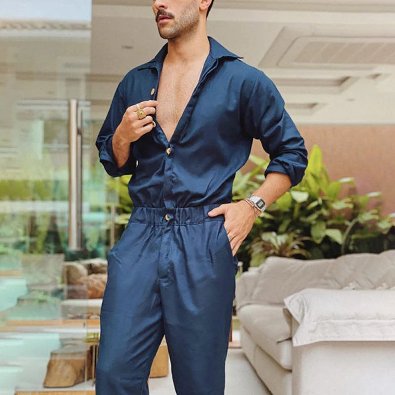 2023 Men Solid Color Jumpsuit Playsuit Buttons Casual Cargo Clothes Overalls Turn Down Collar Long Sleeve Oversized Waist Pants y250729