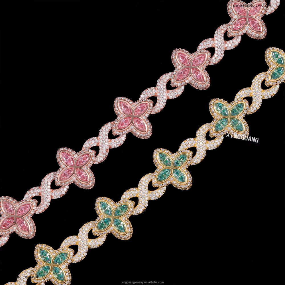 New Arrival Trendy Men WomenJewelry Iced Out Sier Plated Moissanite Clover 12MM Infinity Link Bracelet Cuban Chain