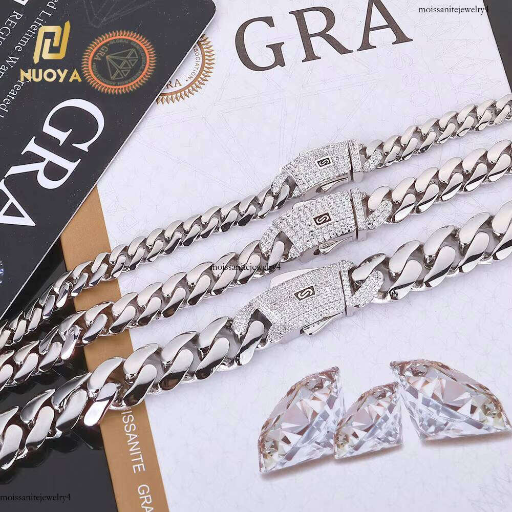 NUOYA High Quality Sterling Sier Cuban Link Iced Out Moissanite Dia Clasp Smooth Chain Necklace Gift for Women
