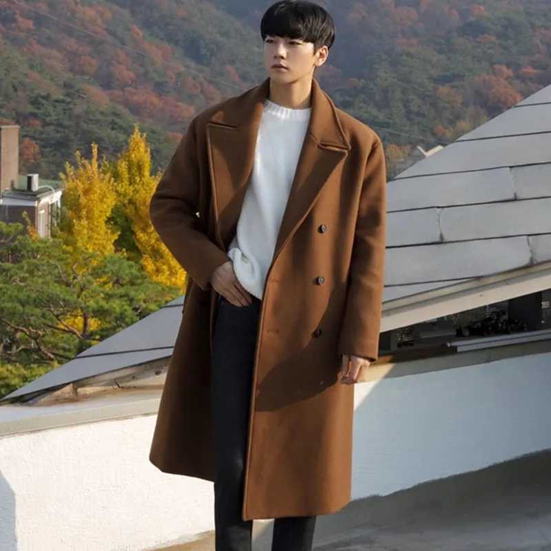 2024 Spring Medium Length Coat Men Fashion Woolen Trench Coats Korean Loose Casual Double Breasted Jackets XJ250809