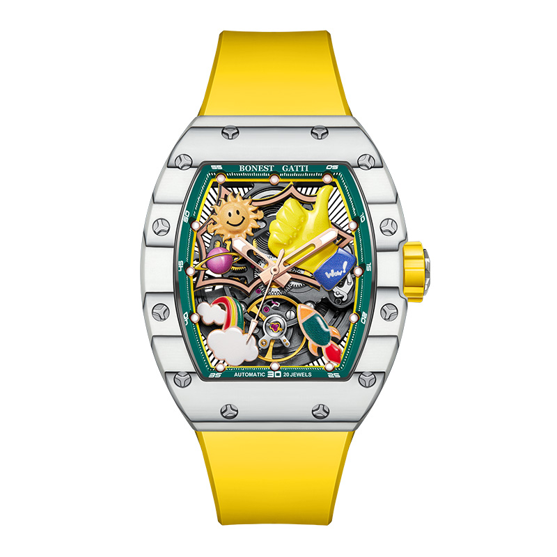 BONEST GATTI Men Automatic Watch 52mm Tonneau Mechanical Wristwatch Carbon Fiber Bezel Sapphire Mirror Luminous 3D Cartoon Dial