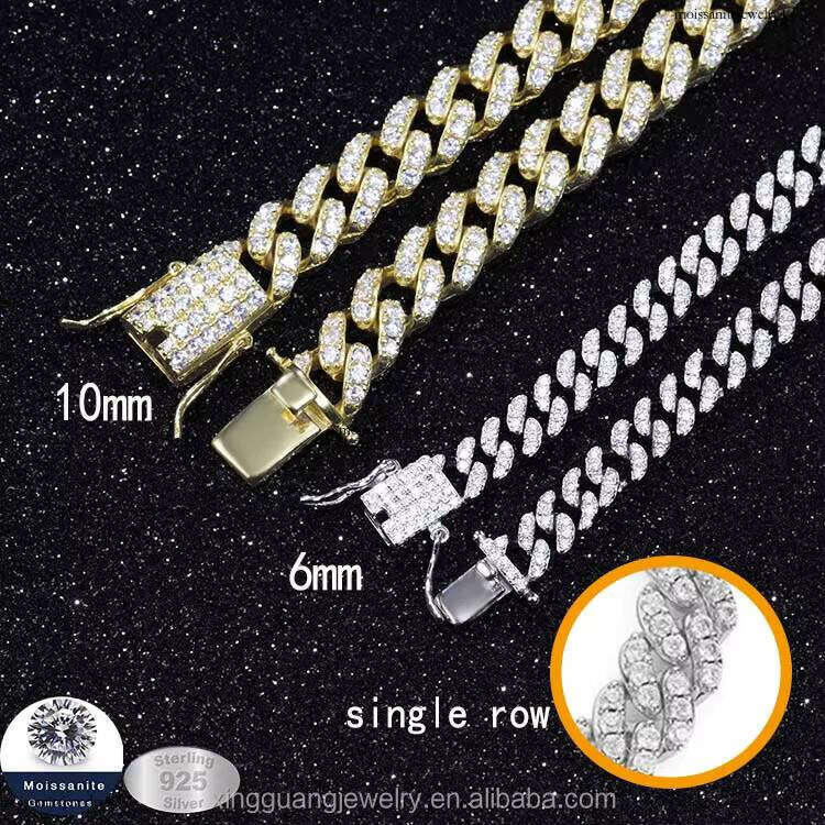 10 mm Wide Single Row Cuban Link Chain Hiphop GRA VVS Moissanite Dia Sier Fine Jewelry Necklace Bracelet