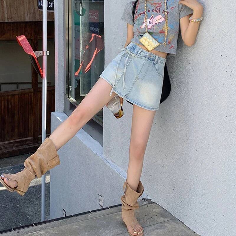 2025 Summer New Women's Irregular Mini Shorts Short Skirt Strap High Waist Shorts fashion Women's Fashion Street Wear A-line Cowboy Skirt Fe