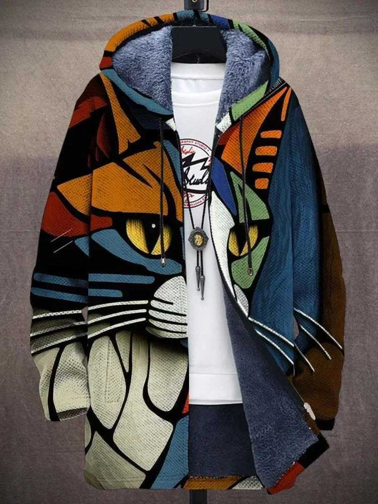 Men Cardigans Coats Cozy Art Cats Kitty Graphics Printed Mid Fleece Plush Thick Winter Casual Streetwear Unisex Clothing W250809