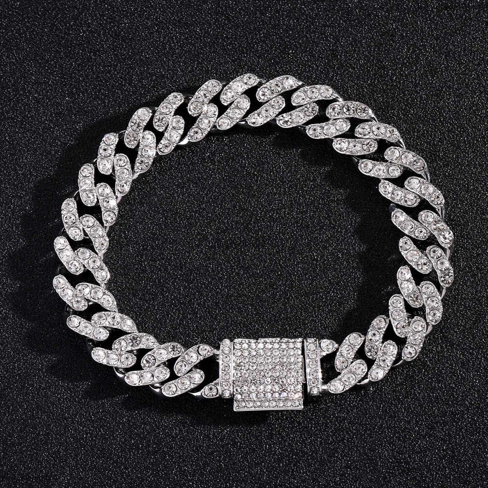Alloy 12mm Single Row Full Dia Men's Flip Clasp Hip Hop Cuban Chain Bracelet