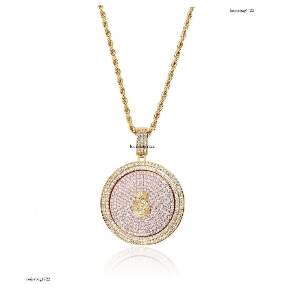 Trendy Dollar Sign Money Bag Rotating Disc Pendant Micro Paved Full Moissanite chain Hip Hop Necklace Jewelry