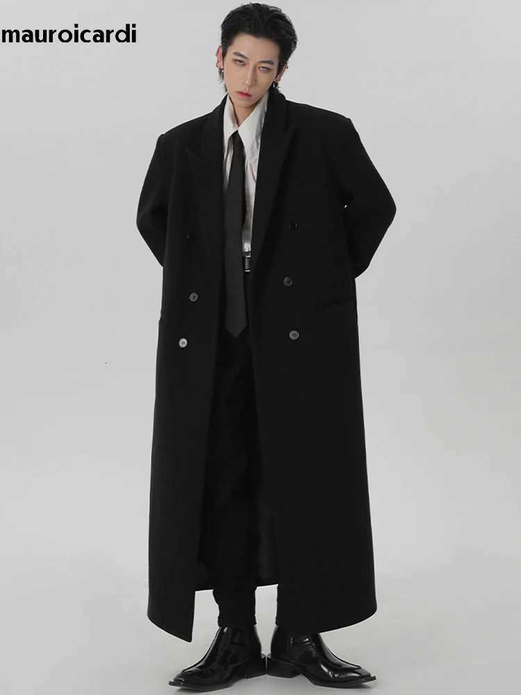 Mauroicardi Autumn Winter Extra Long Black Oversized Warm Wool Blends Coat Men Shoulder Pads Double Breasted Luxury Outerwear XJ250809