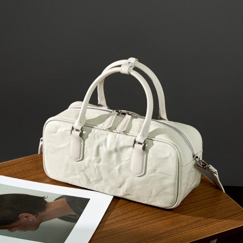 Genuine Leather Women's Autumn Winter New Niche Boston Bowling Handbag Commuter High-End Underarm Crossbody Bag