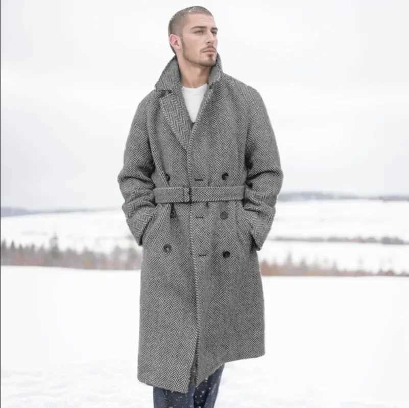 2024 Mens Medium and Long Suit Collar Plaid Coat Mens Double-breasted Cotton-padded Autumn and Winter Fashion XJ250809