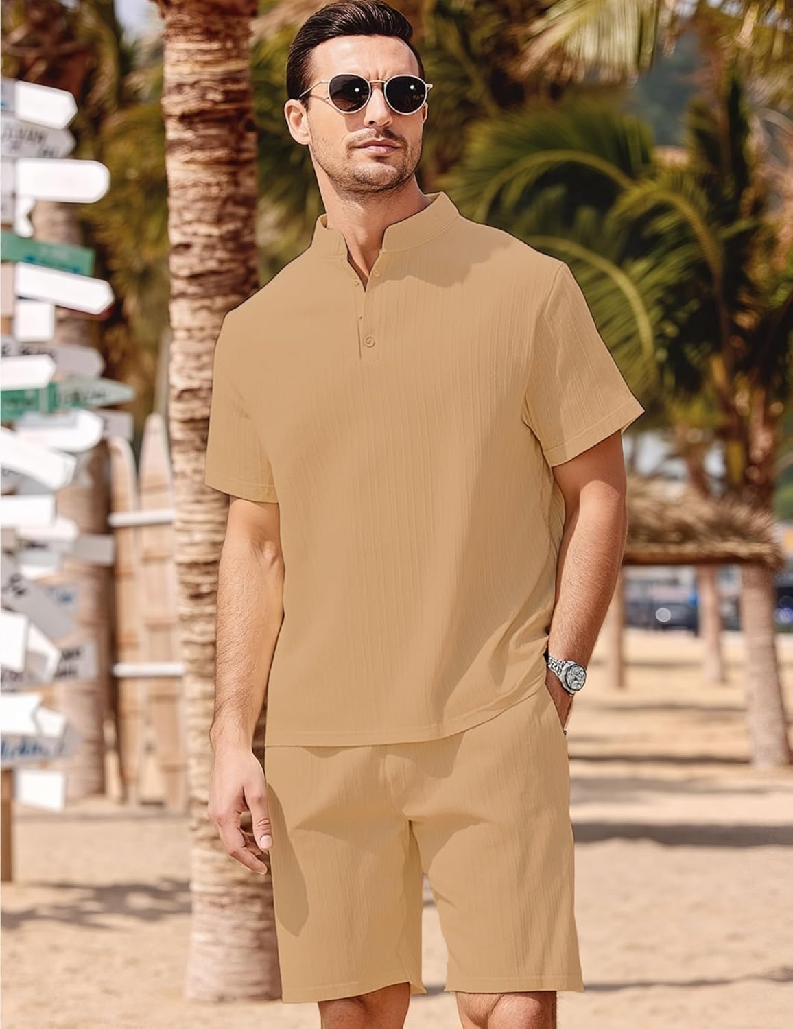 Men's Summer Beach Outfits 2 Piece Vintage Short Sleeve Henley Shirts and Shorts Vacation Texture Sets for Men