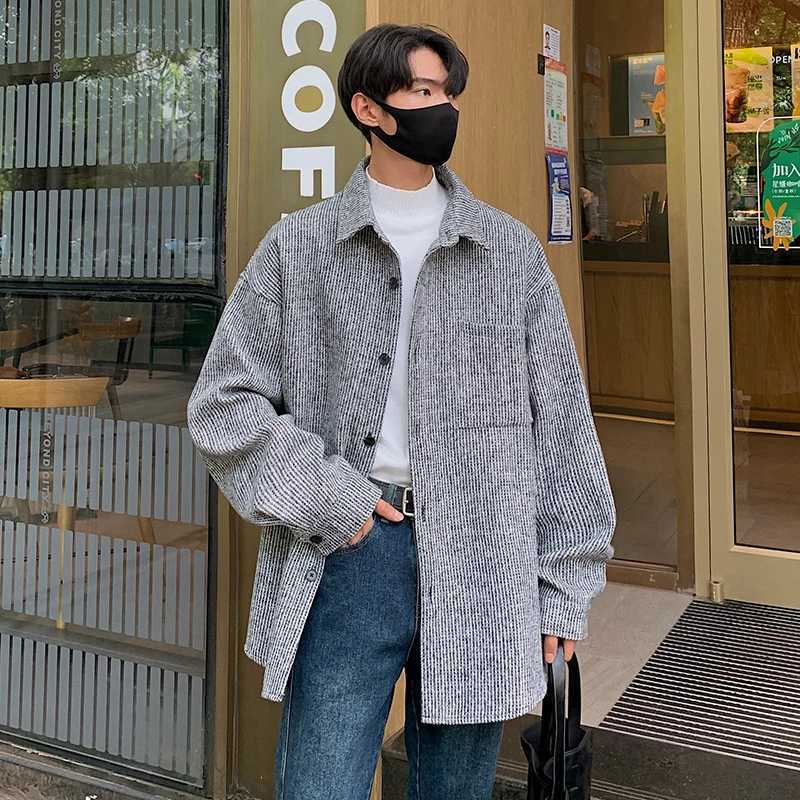 5XL Plus Size Mens Wool Lined Jacket Coat with Front Pockets Single Breasted Long Sleeve Spring Autumn Striped Clothing for MenXJ250809